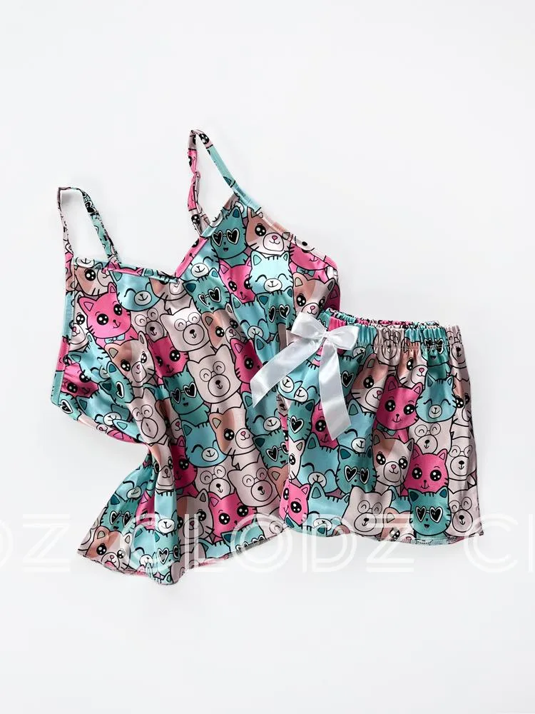 ست راحتی تاپ شلوارک ساتن طرح گربه